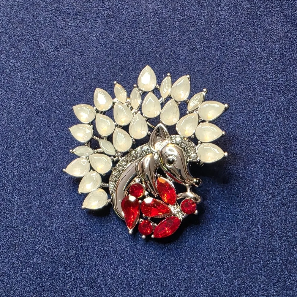 Vintage Porcupine Brooch Silver Tone Red Crystal Opaline Glass Figural 549